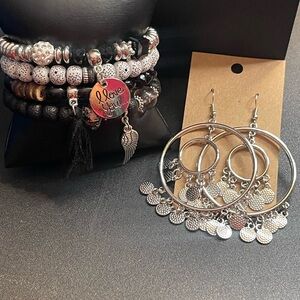 Silver and Black Bracelet and Earring Set